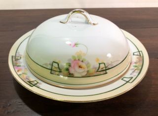 Nippon Hand Painted Butter Cheese Dish Plate W Vented Lid - Roses W Gold Trim