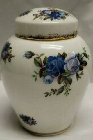 1987 Royal Albert Moonlight Rose 4 " Porcelain Mini Bud Vase With Lid.  Blue Roses