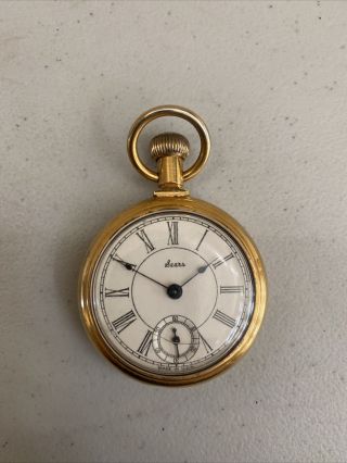 Vintage Sears Locomotive Train Pocket Watch Gold Tone With Chain