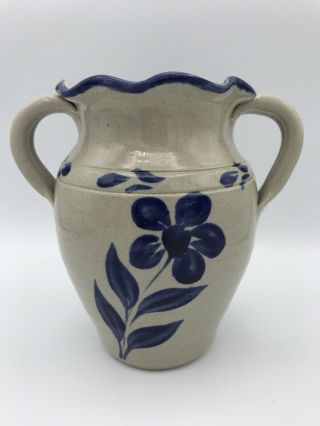 Williamsburg Pottery Salt Glaze Vase Blue Flower Stoneware Ruffled 2 Handle