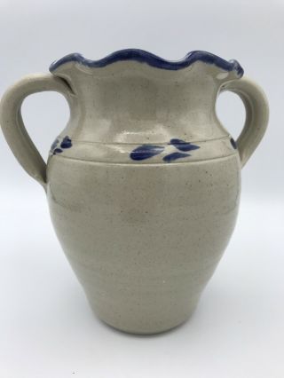Williamsburg Pottery Salt Glaze Vase Blue Flower Stoneware Ruffled 2 Handle 3
