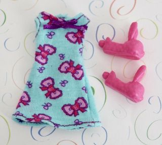 Chelsea Doll Clothes Pretty Bow Print Night Gown W/pink Bunny Slippers