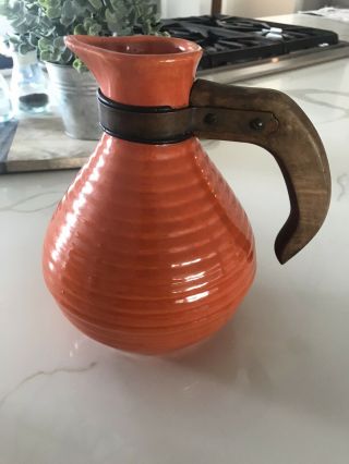 Vintage Orange Bauer Ringware Pottery Carafe Pitcher Wood Handle