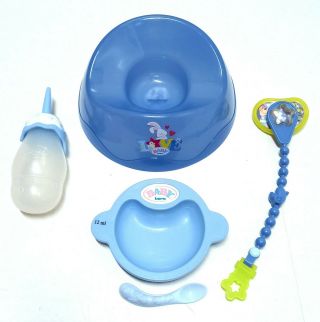 Zapf Creation Baby Born Doll Blue Feeding Bottle Potty Pacifier Bowl & Spoon