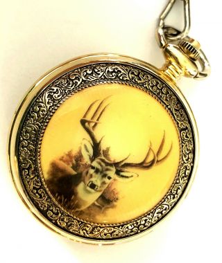 Phillip Crowe Quartz Majesti Pocket Watch Signature Series Deer Gold Tone