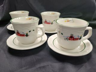 Pfaltzgraff Snowman Snow Village Set Of 4 Cups & Saucers - - Cute