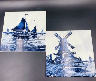Delft Blue Holland Signed Wall Tiles Sailing Ship Dutch Harbor Windmill Vintage