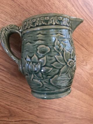 Mccoy Green Stoneware Pitcher 30 With Lily Pads And Fish Handle 5.  5 " Tall