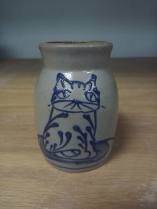 Small Vintage 1993 Salt Glaze Pottery Vase Cat In Cobalt Blue On Front 3 " X 2.  5 "