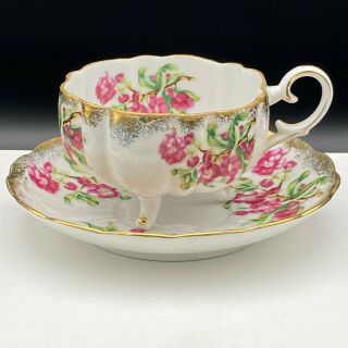 L M Royal Halsey 3 - Footed China Teacup & Saucer Pink Floral Cherry Plum Blossoms