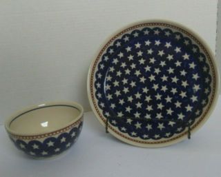 Boleslawiec Handmade Poland Pottery Round Pie Dish & Bowl Navy Blue & Stars