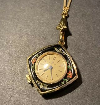 , Vintage Swiss Bucherer Watch Pendant And Chain,  Floral W/ Birds
