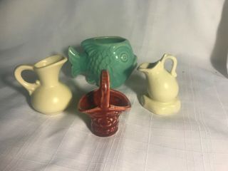 Set Of Four Shawnee Pottery Miniature Figures Fish Maroon Basket Two Pitchers