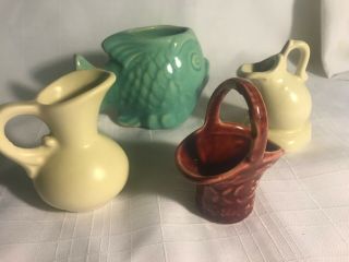 Set of Four Shawnee Pottery Miniature Figures Fish Maroon Basket Two Pitchers 3