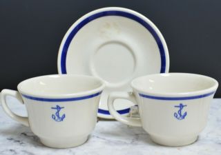Set Of 2 Cups And One Saucer Homer Laughlin Us Navy Fouled Anchor With Flaws