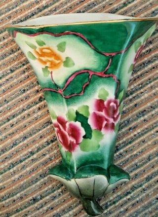 Vintage Nippon Hand Painted Floral Wall Pocket Vase Vibrant Colors Gold Rim