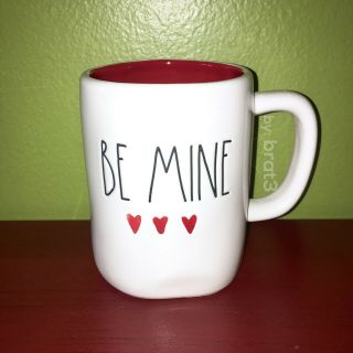 Rae Dunn Valentines Day Ll " Be Mine " With Hearts Mug & Red Inside By Magenta