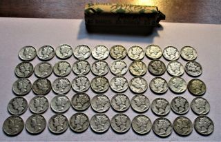 Full Roll (50) Circulated Mercury Dimes.  P - D - S Marks.  Assorted Dates.  (4)
