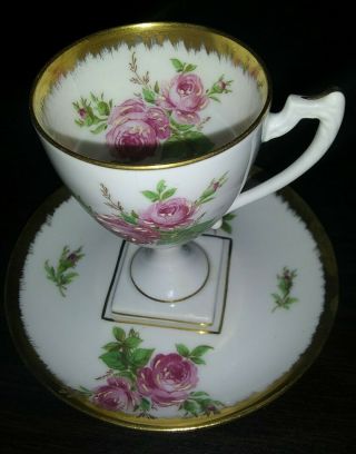 Antique Limoges Tall Demitasse Cup & Saucer With Pink Roses/gold Gilt -