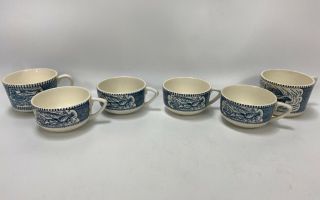 Set Of 6 Mixed Currier And Ives Royal China Buggy Ride Tea Cups Blue And White