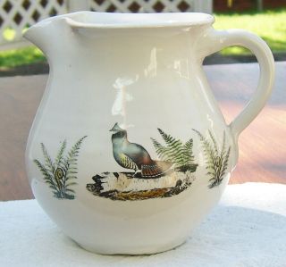 Hand Thrown Yellow Ware Pottery Pitcher White Glaze Grouse Litho Design Ceramic