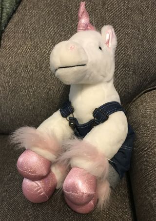 Build A Bear 14 " Plush White Unicorn Sparkles Horse Pink Horn In Overalls