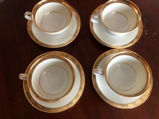 Set Of 4 Noritake Japan China Goldkin Footed Cups & Saucers Gold Band 5675