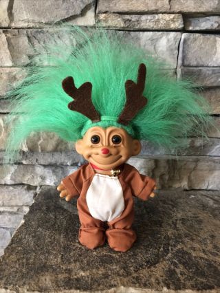 Russ Troll Doll 4 1/2” Green Hair Brown Eyes Rudy The Reindeer Christmas