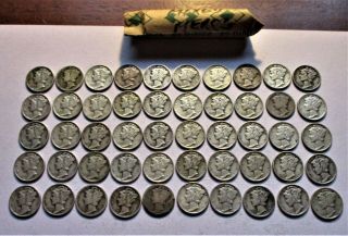 Full Roll (50) Circulated Mercury Dimes.  P - D - S Marks.  Assorted Dates.  (1)