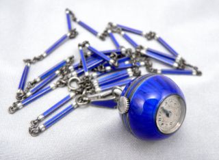 Vintage Art Deco Sterling Silver Blue Guilloche Enamel Ball Pendant Watch Chain