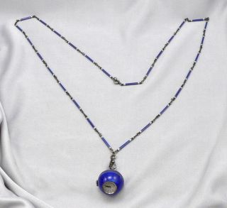 Vintage Art Deco STERLING Silver Blue Guilloche Enamel Ball Pendant Watch Chain 2