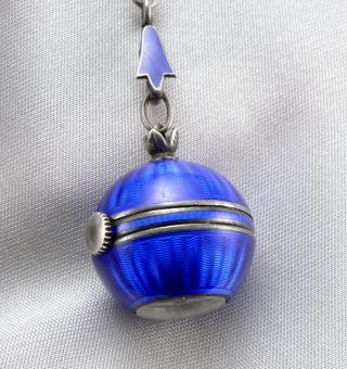 Vintage Art Deco STERLING Silver Blue Guilloche Enamel Ball Pendant Watch Chain 3