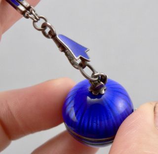 Vintage Art Deco STERLING Silver Blue Guilloche Enamel Ball Pendant Watch Chain 5