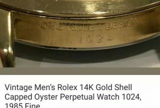 VINTAGE MENS ROLEX 14K GOLD SHELL CAPPED OYSTER PERPETUAL WATCH 1024,  1985 FINE 6