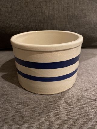 Vintage Robinson Ransbottom Pottery Rrp Low Crock Jar 1 Quart Blue Stripes 303