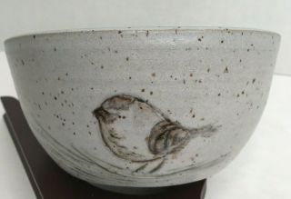 Art Studio Pottery Brown Speckled Bowl 6.  75 " Artist Signed Bird Pine Cone Euc