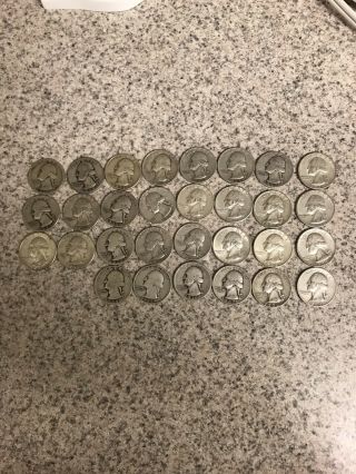 30 Us Coins Washington Silver Quarters.  All Different Dates