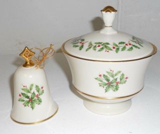 " Holiday " Pattern Dimension By Lenox Gold Trim Lidded Bowl And Ornament Bell