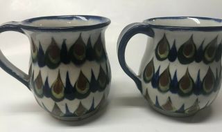 Unique Set Of Two Handpainted Stoneware Pottery Coffee Tea Mugs Cups Guatamala