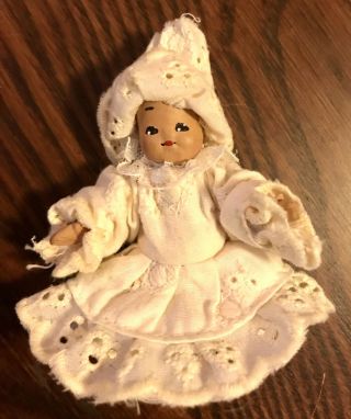 Vintage Miniature Porcelain Bisque Baby Doll In Lace Dress Pantaloons & Bonnet