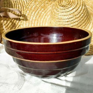 Antique Monmouth Pottery Brown Ribbed Stoneware Mixing Bowl Western 8 " Usa