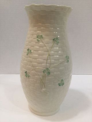 Vintage Belleek Shamrock Basket Weave Vase 8” 8th Mark,  Irleand
