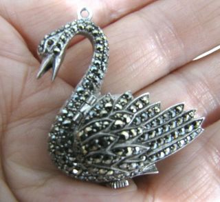 Sterling Silver Marcasite Swan Watch Pendant Incabloc Swiss 17 Jewels Flip Top