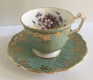 Aynsley Fine English Bone China Footed Cup Saucer Light Green Gold Violets