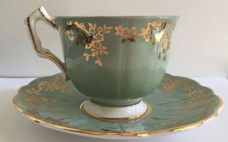 AYNSLEY Fine English Bone China Footed Cup Saucer Light Green Gold Violets 2