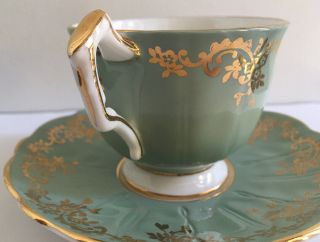 AYNSLEY Fine English Bone China Footed Cup Saucer Light Green Gold Violets 3