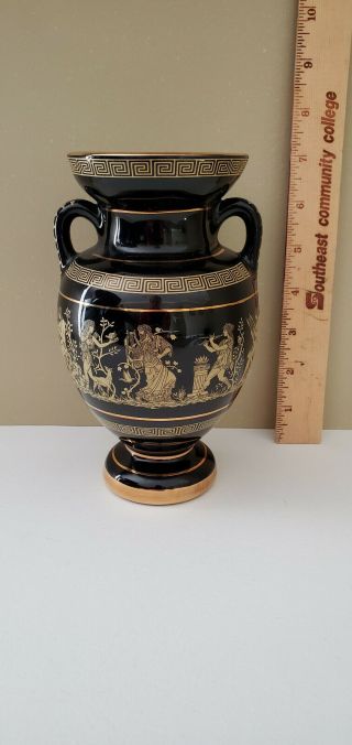Black & Gold Greek Vase Hand Made In Greece 24k Gold 7 "