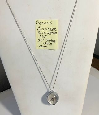 Vintage Bucherer Hand Wind Ball Necklace Watch 30” Sterling Chain 22mm Running