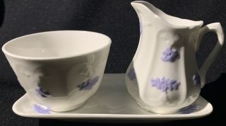 Adderley Fine Bone China Blue Chelsea Creamer & Open Sugar Bowl Set W/ Tray