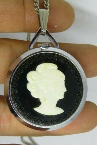 Vintage Lucerne Swiss Made Cameo Wind Up Watch Pendant Necklace Silver / Black